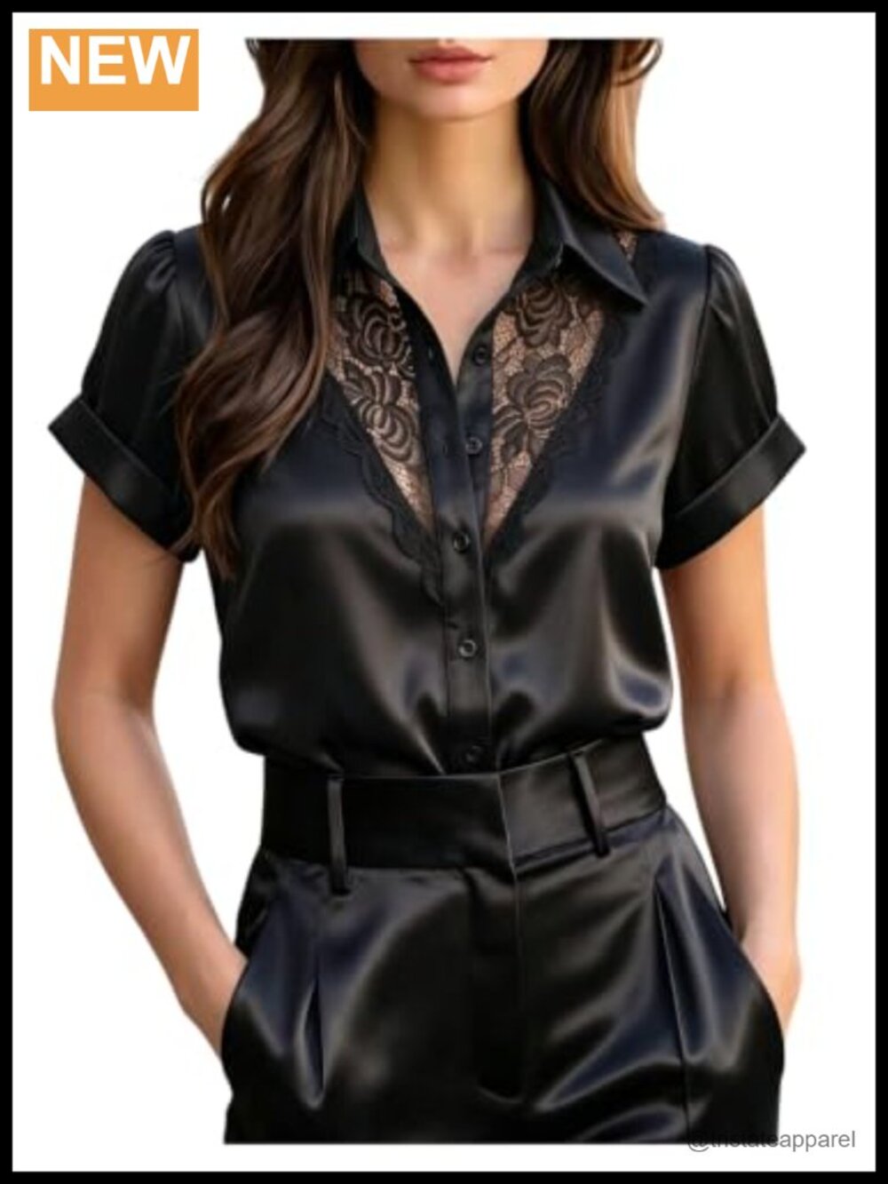 Floral Lace Satin Blouse Short Sleeve Button Up Dressy Casual Office Top